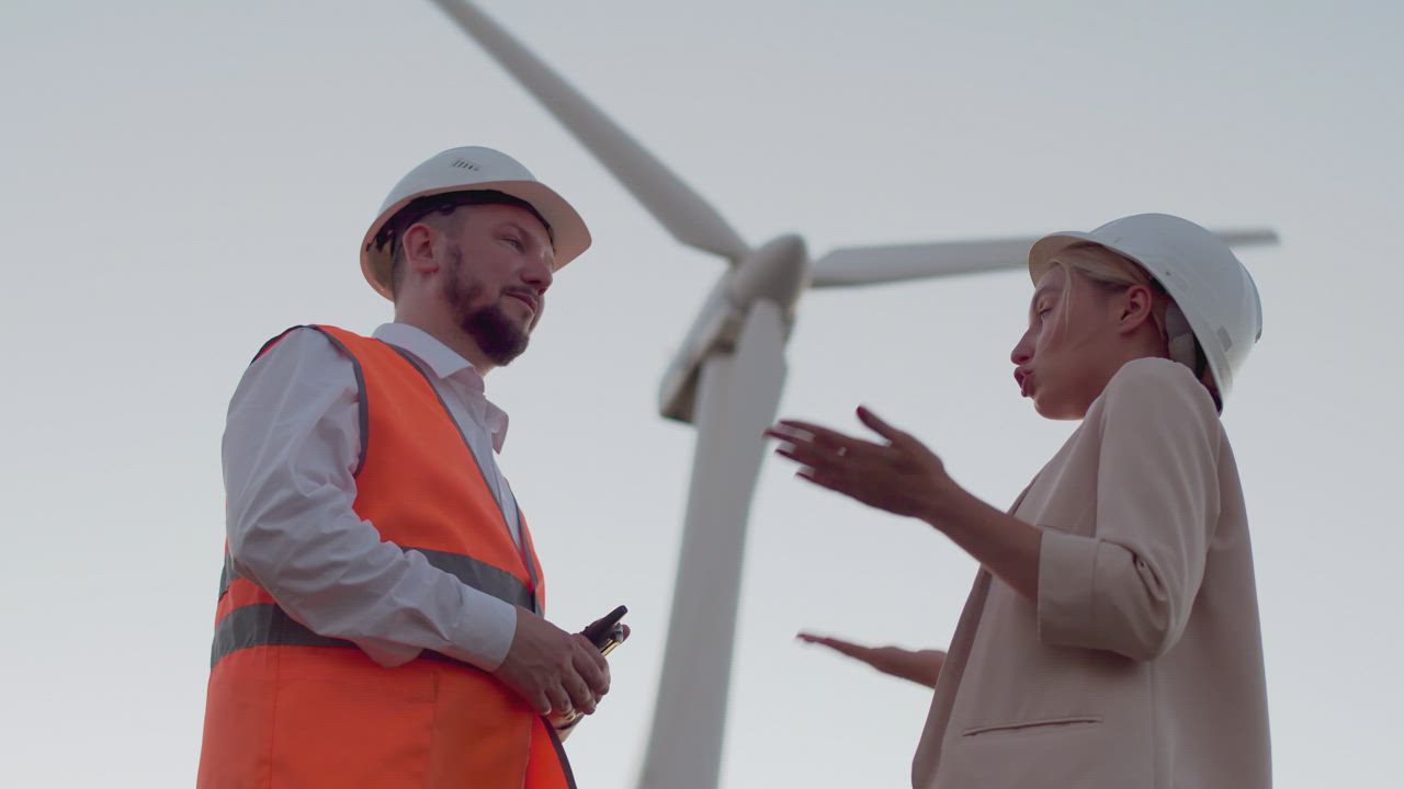 Two energy professionals discussing a wind turbine project